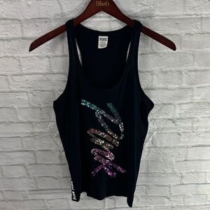 PINK Victoria's Secret Black Tank with Multicolor Sequin Logo